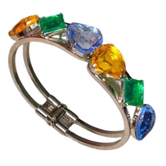 Vintage Jewelry - Vintage Colorful Rhinestone Heart Silver Tone Clamp Clamper Bracelet